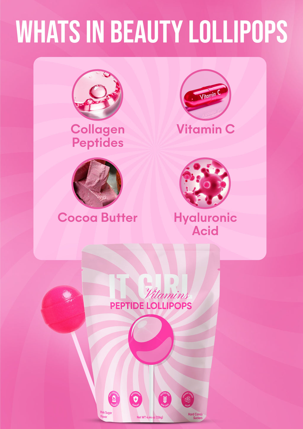 It Girl Beauty Lollipops - Collagen Peptides & Vitamin C Healthy Candy for Skin, Hair, Nails